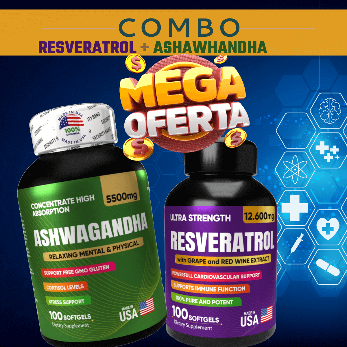 Combo Resveratrol + Ashwagandha para Energía, Longevidad y Bienestar - nutrybelleze