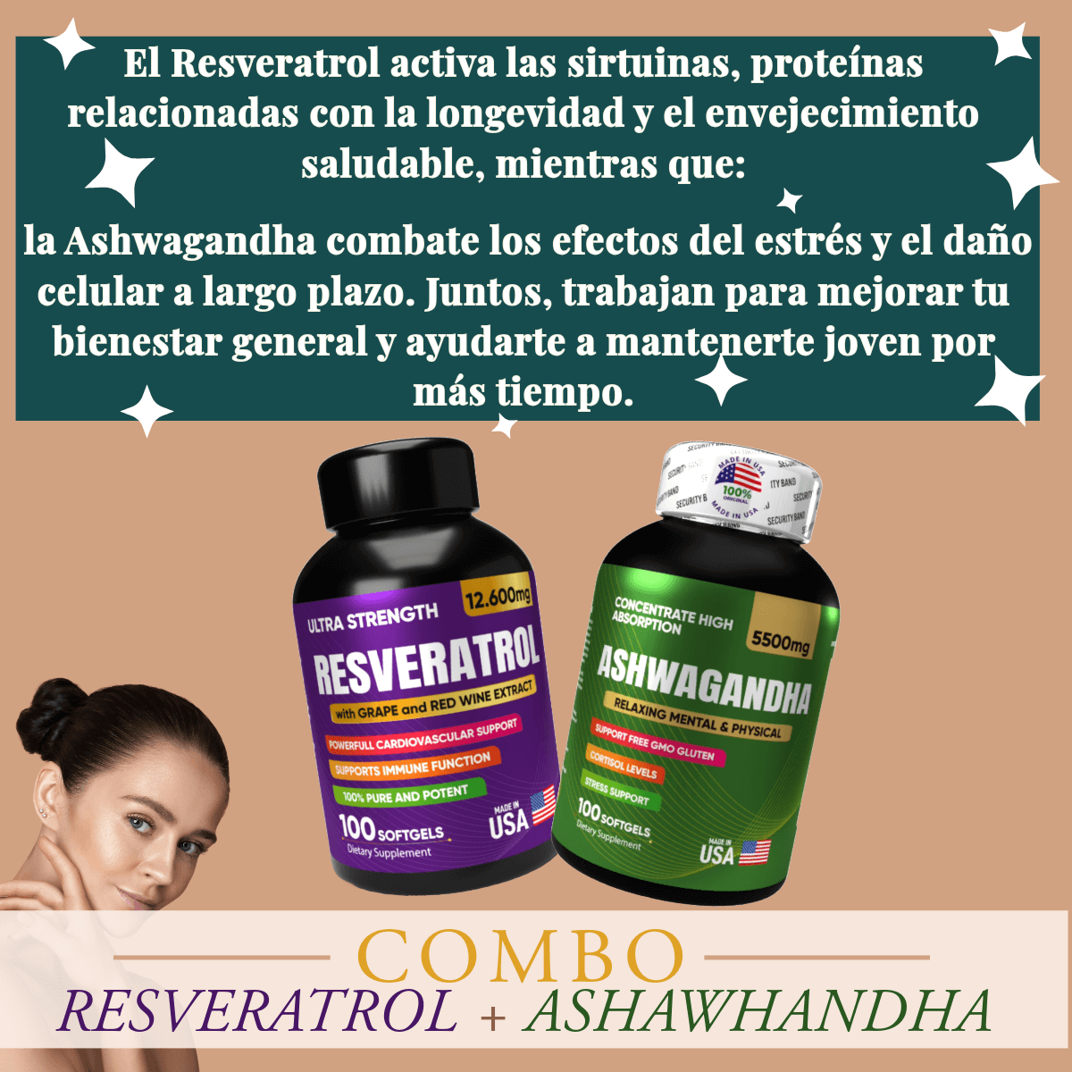 Combo Resveratrol + Ashwagandha para Energía, Longevidad y Bienestar - nutrybelleze